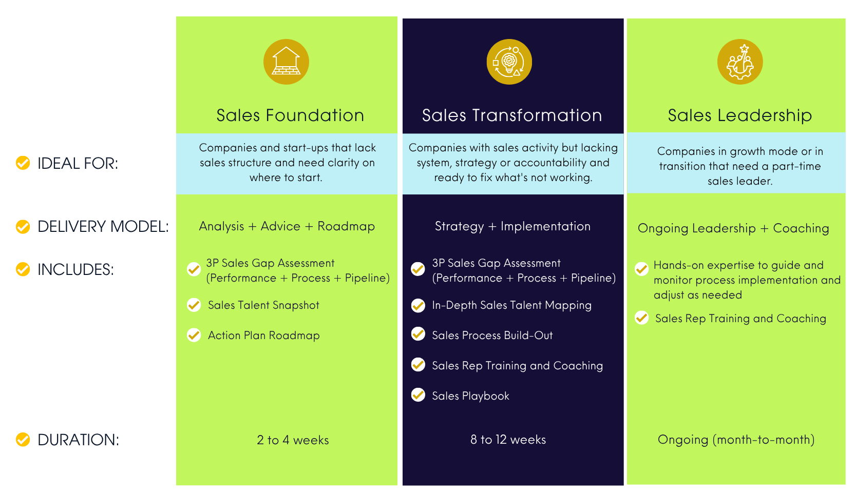 Chart showing 3 package options for fractional services